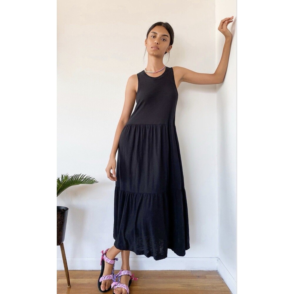 Nation LTD Melissa Tiered Tank Dress Black Slub Knit Sleeveless Crew Neck Empire